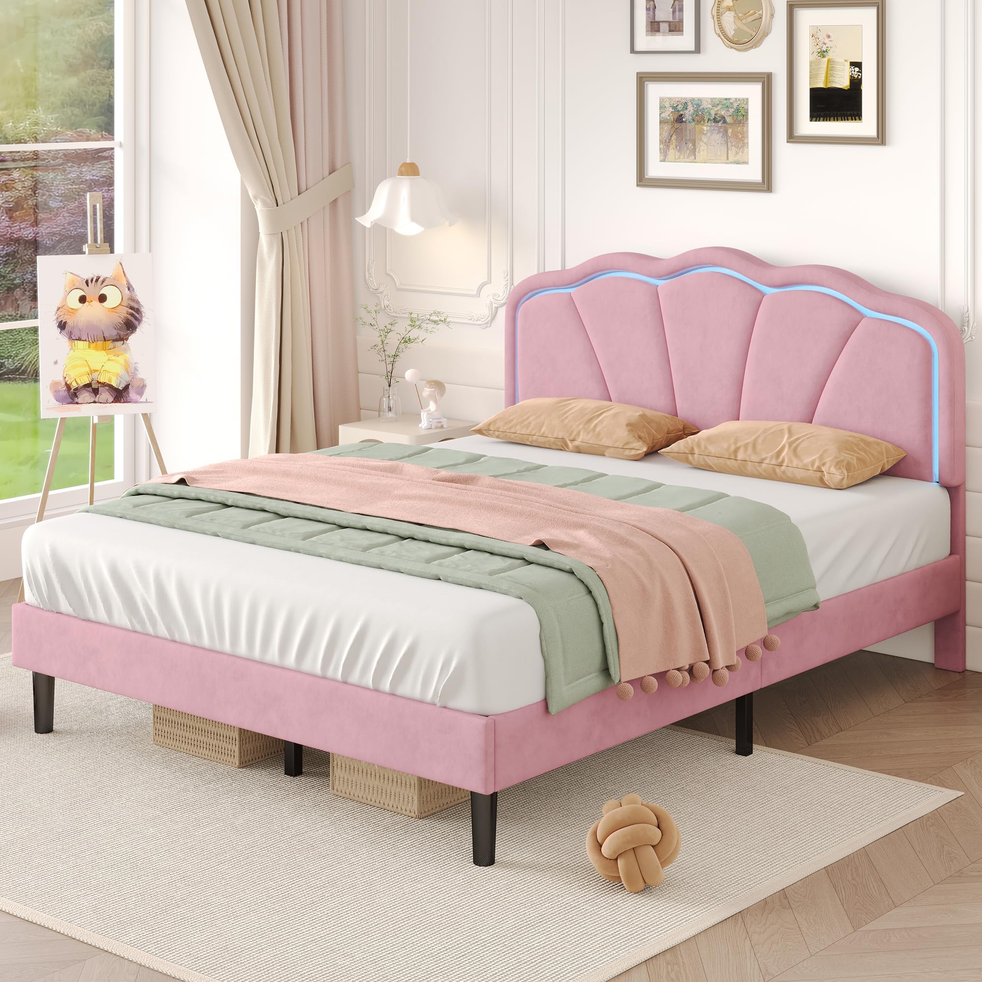 ModernLuxe 4ft6 Double Upholstered Bed with LED Adjustable Shell Shape Headboard, Soft Velvet Bed Frame with Solid Wood Slats, No Box Spring Needed