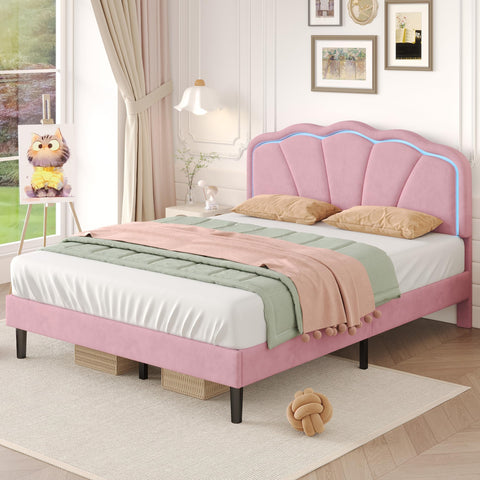 ModernLuxe 4ft6 Double Upholstered Bed with LED Adjustable Shell Shape Headboard, Soft Velvet Bed Frame with Solid Wood Slats, No Box Spring Needed