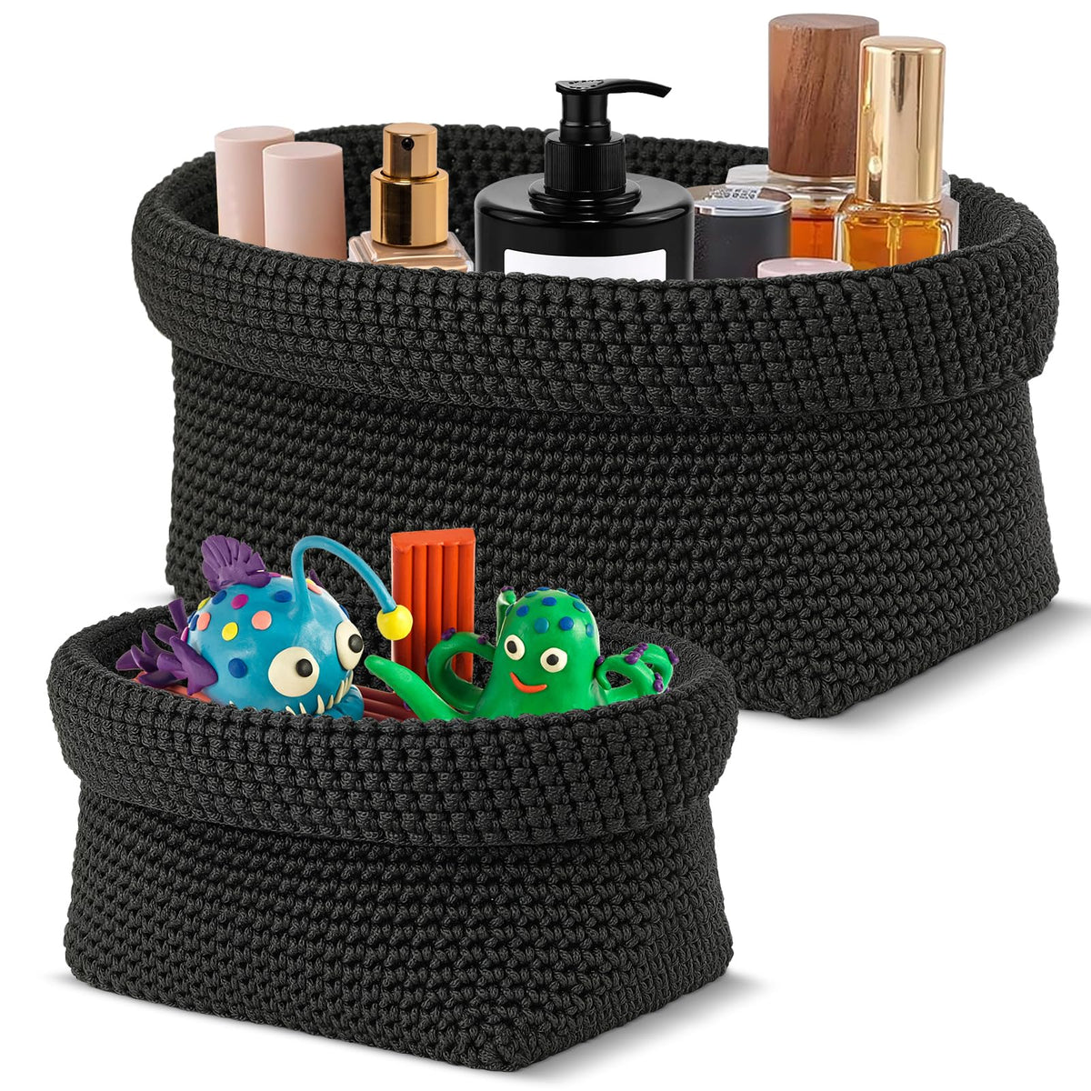 2-Pack Foldable Crochet Baskets - Collapsible Cotton Storage Bins for Towels, Cosmetics & Jewelry, Organizer for Bathroom, Kitchen & Shelf