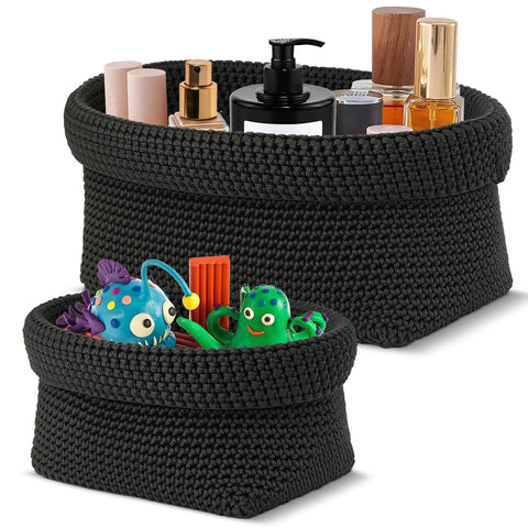 2-Pack Foldable Crochet Baskets - Collapsible Cotton Storage Bins for Towels, Cosmetics & Jewelry, Organizer for Bathroom, Kitchen & Shelf