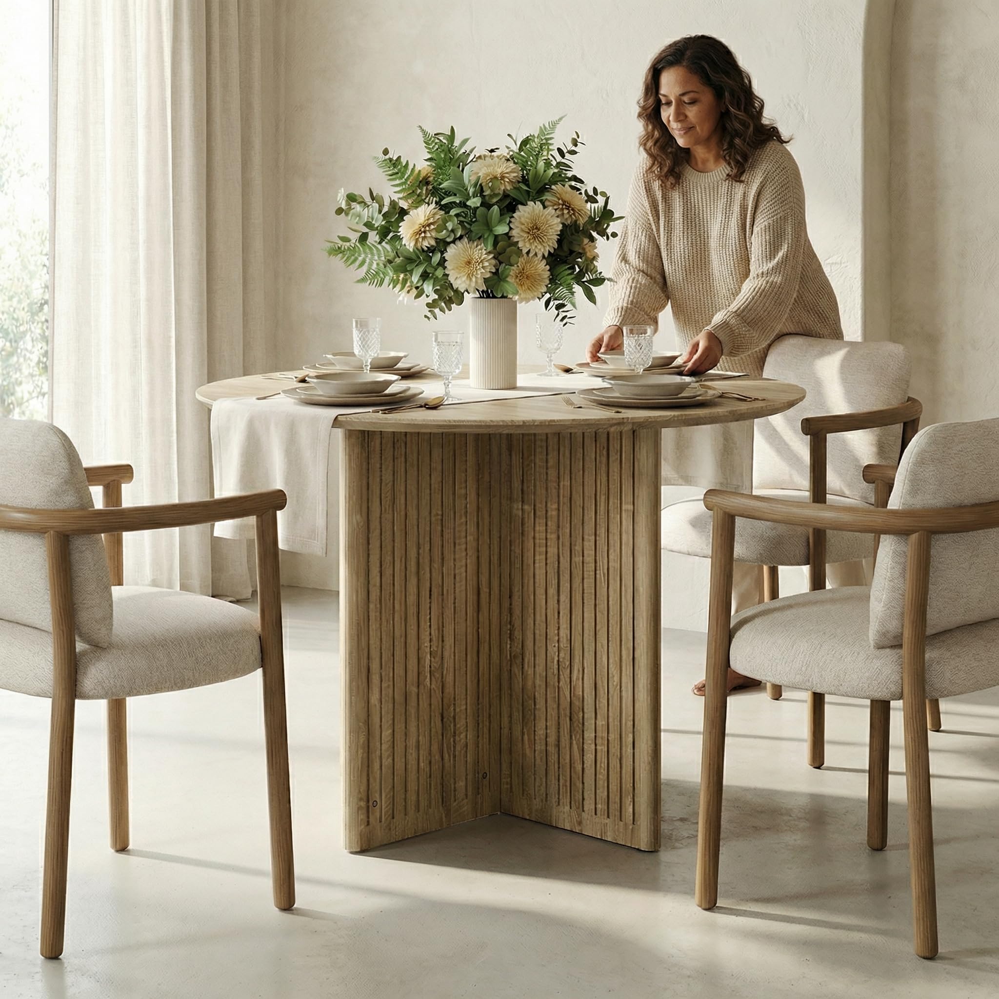 Tribesigns 100cm Round Dining Table for 4, Farmhouse Retro Kitchen Table with Fluted Pedestal Base, Small Dinner Table for Dining Room, Kitchen