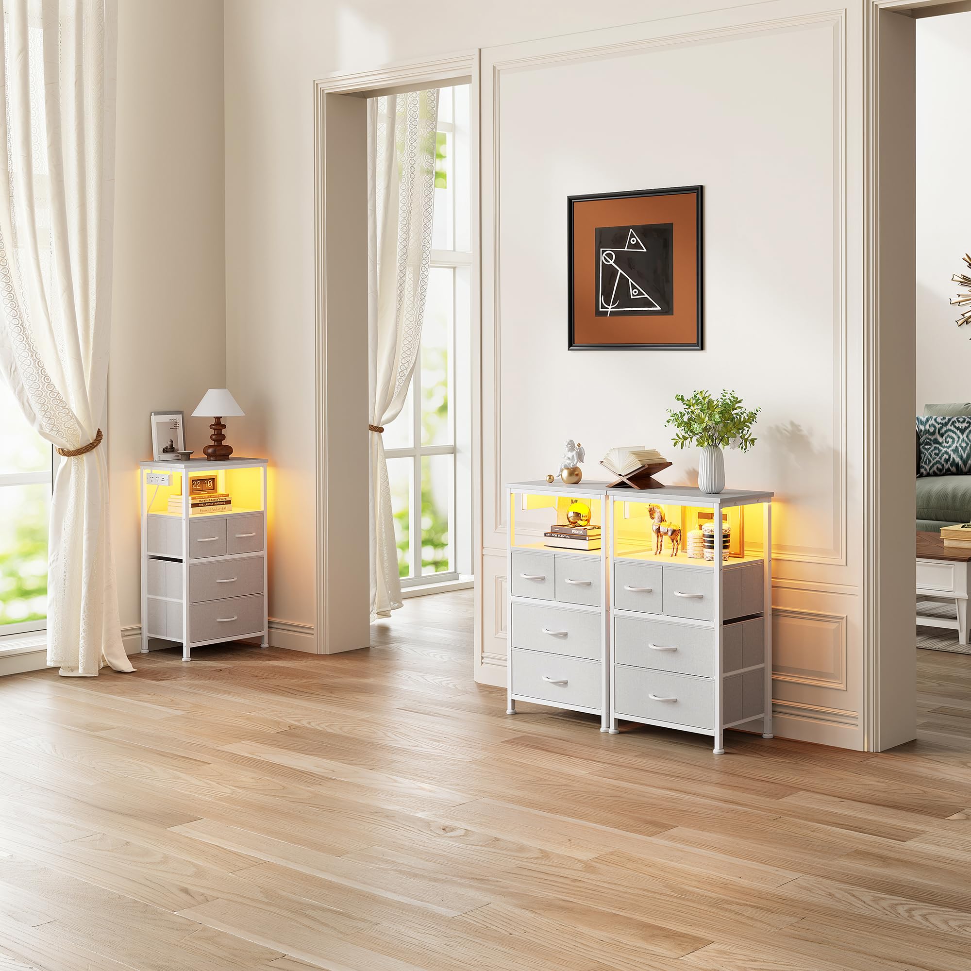 Flrrtenv Bedside Table with Charging Station, 4 Drawers Bedside Cabinet for Bedroom, LED Nightstand with Storage Shelf