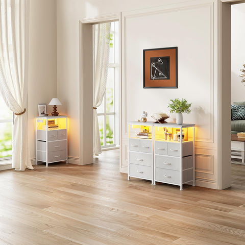 Flrrtenv Bedside Table with Charging Station, 4 Drawers Bedside Cabinet for Bedroom, LED Nightstand with Storage Shelf