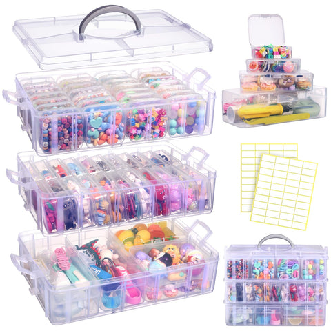 Funtopia Craft Organiser 118 Pack, 3-Tier Stackable Container Box with Lids and 56 Pcs Small Plastic Storage Box, Mini Clear Bead Storage for Jewelry