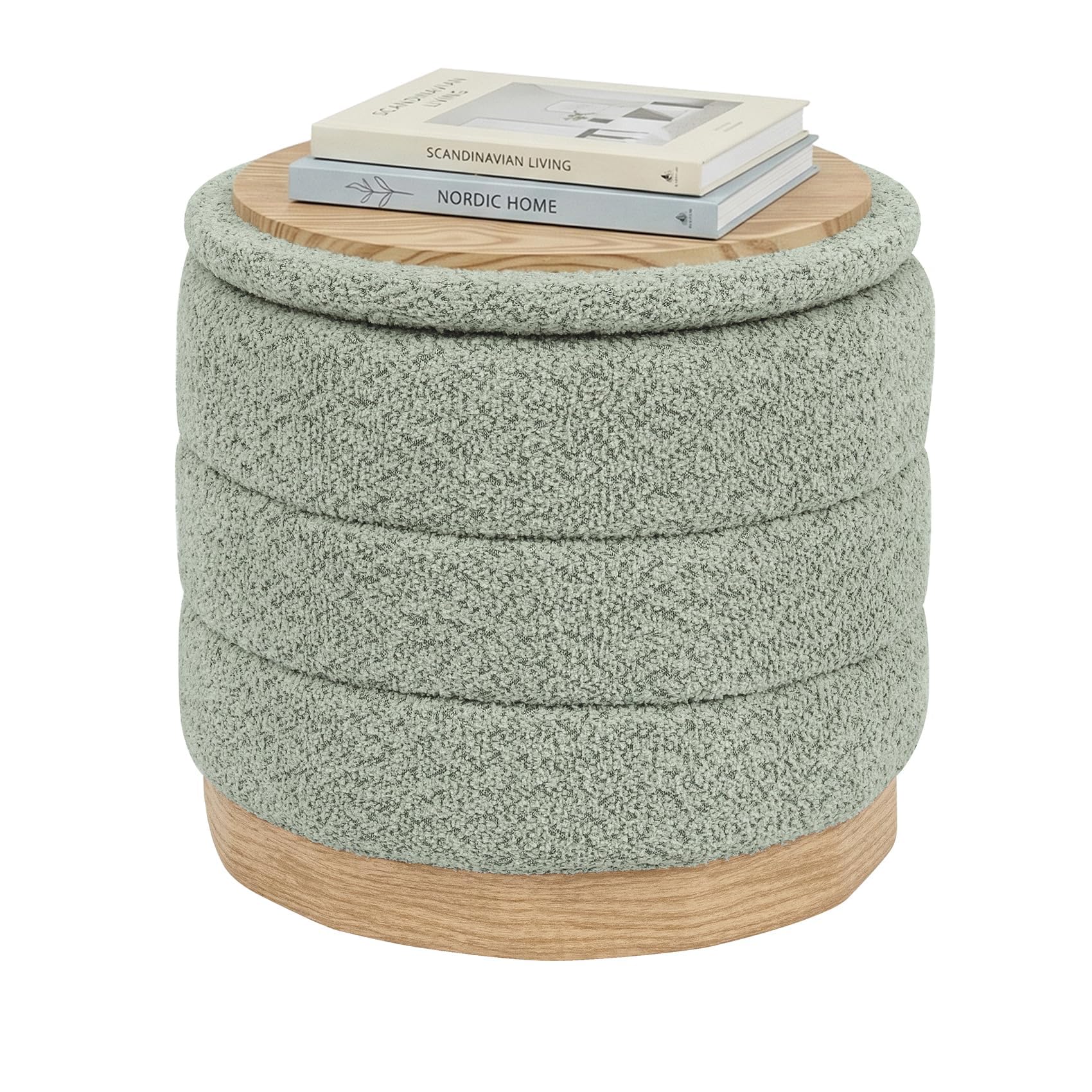 PINPLUS Round Chenille Storage Ottoman, Tray Top, 39x39x37 cm, Sage Green