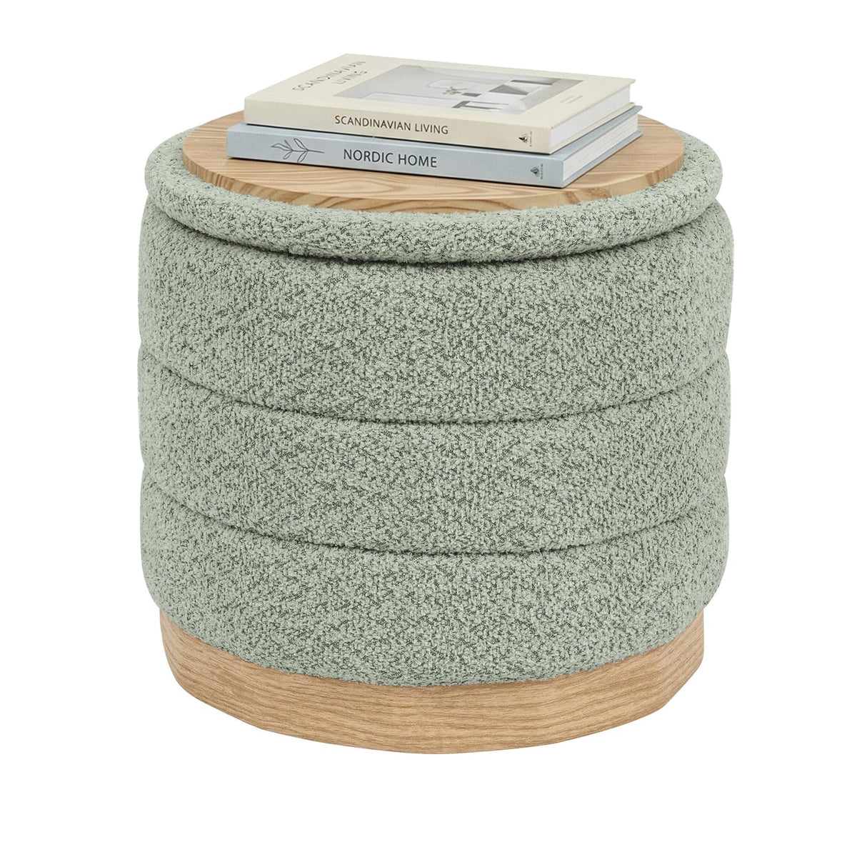 PINPLUS Round Chenille Storage Ottoman, Tray Top, 39x39x37 cm, Sage Green