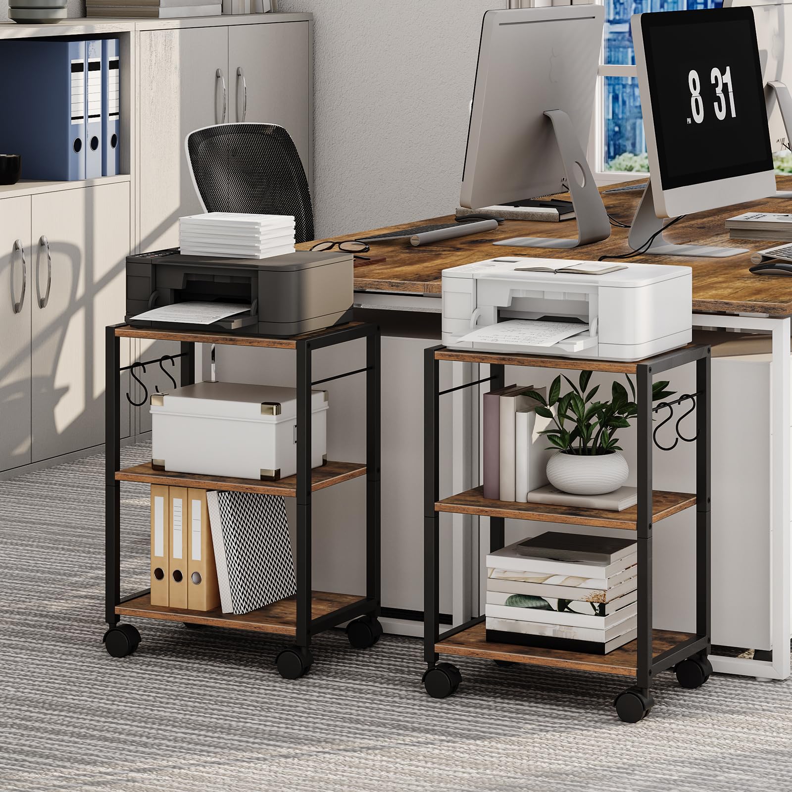 MAHANCRIS Printer Stand, 3-Tier Under Desk Printer Cart with Storage Shelf, Heavy Duty Printer Table with Wheels for Home and Office