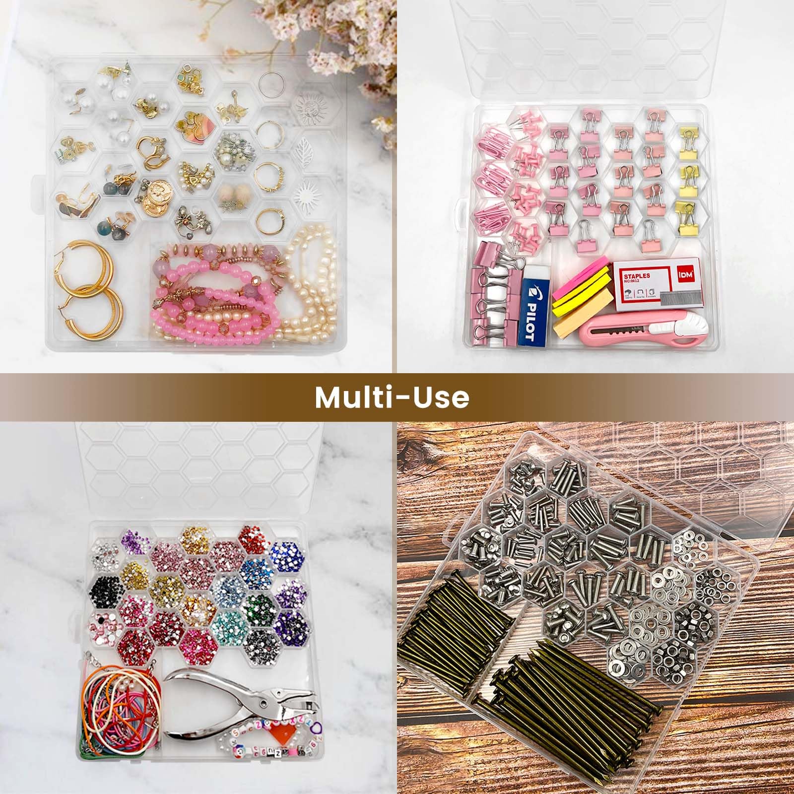 SNAIL GARDEN 4-Pack Secure Seal Bead Storage Boxes with 3 Sizes Grids, 26-Compartment Clear Plastic Organiser with Secure 4-Clasp Lid for Jewellery