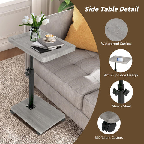 XUDREZ Adjustable Side Table, C Shaped Small Table with 4 Wheels 364° Swivel Tray, End Table for Living Room Bedroom Sofa Small Spaces