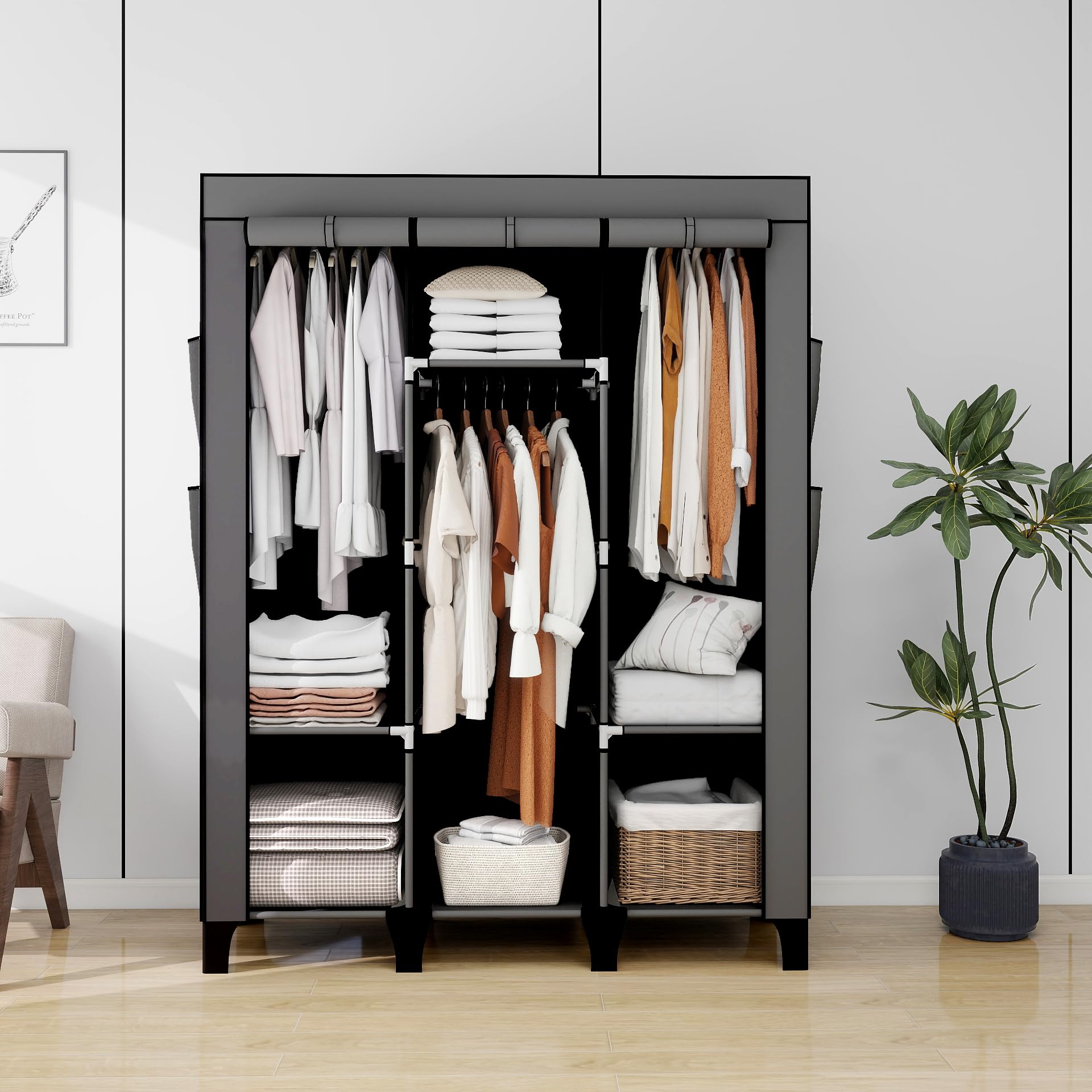 OPPAIYA Canvas Wardrobe, Portable Wardrobe With 3 Hanging Rails, 6 Shelves and 8 Side Bags, 165 * 45 * 125cm Temporary Storage Closet