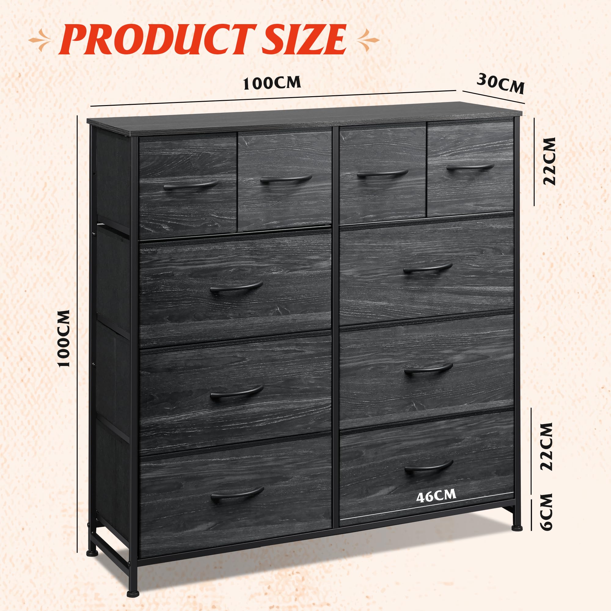 WLIVE Tall Chest of Drawers, 10 Large Fabric Drawers Dresser Bedroom, Black
