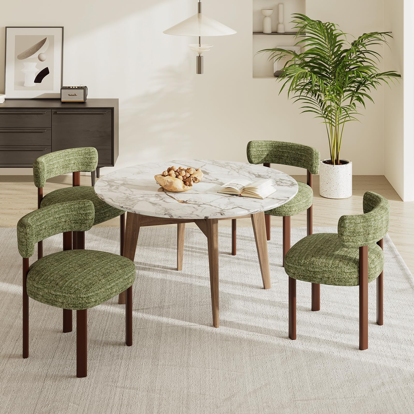 COLAMY Wooden Dining Chairs Set of 4, Fabric Chairs for Dining Room with Open Curved Backrest and Thick Seat Cushion