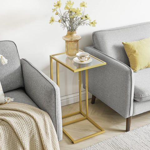 YMYNY C Shaped End Table, Tempered Glass Snack Side Table for Small Space with Metal Frame, Narrow Couch Table, for Living Room, Bedroom