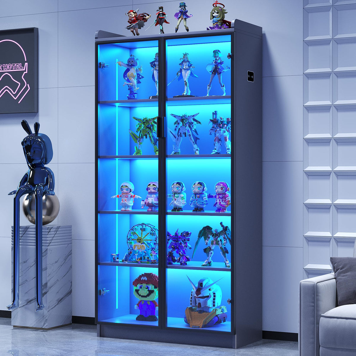 Lvifur 5-Tier Display Cabinets with LED Lights and Human Body Sensor,Grey