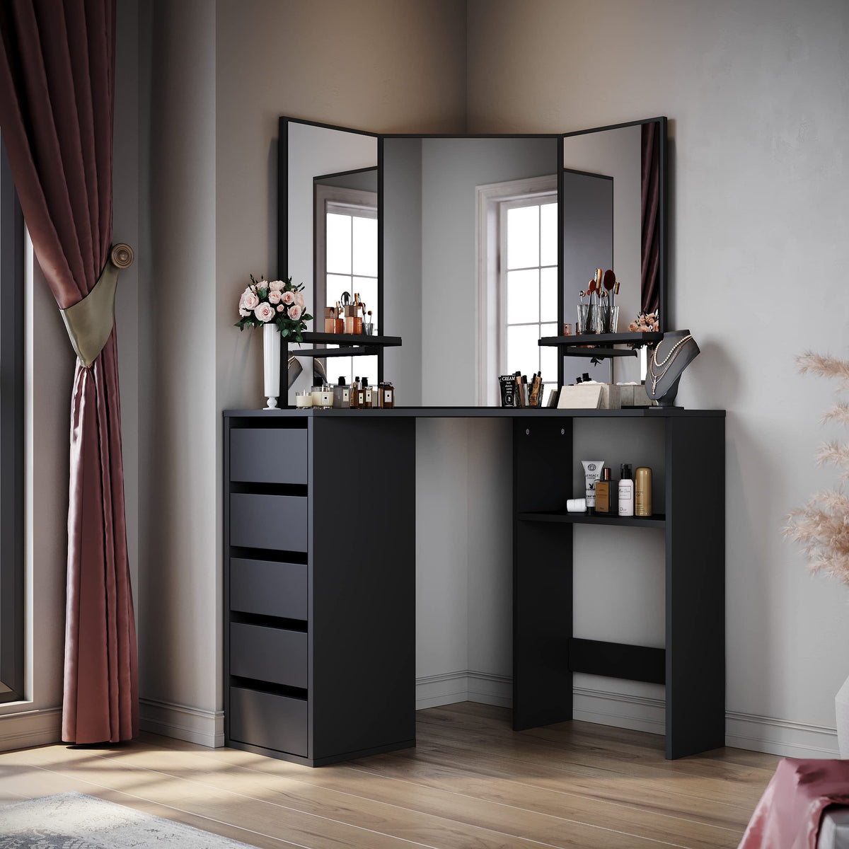 ELEGANT Corner Dressing Table with Mirror and 5 Drawers, 54x111x142cm