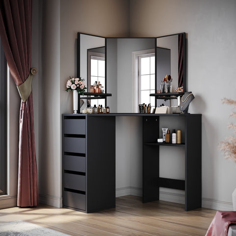ELEGANT Corner Dressing Table with Mirror and 5 Drawers, 54x111x142cm