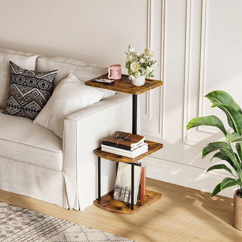 HOOBRO 3-Tier Side Table, Adjustable Height Sofa Table, C Shaped Side Table with 360° Swivel Tabletop and Tablet Slot