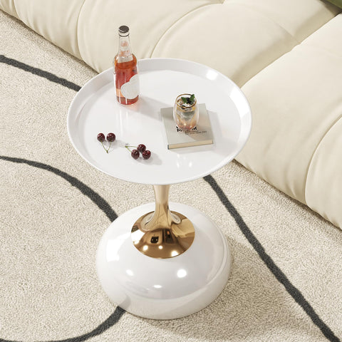 quanzhoulong Modern Round Side Table - White Glossy Tabletop & Gold Pedestal Base | Stylish Accent End Table for Living Room Home Decor