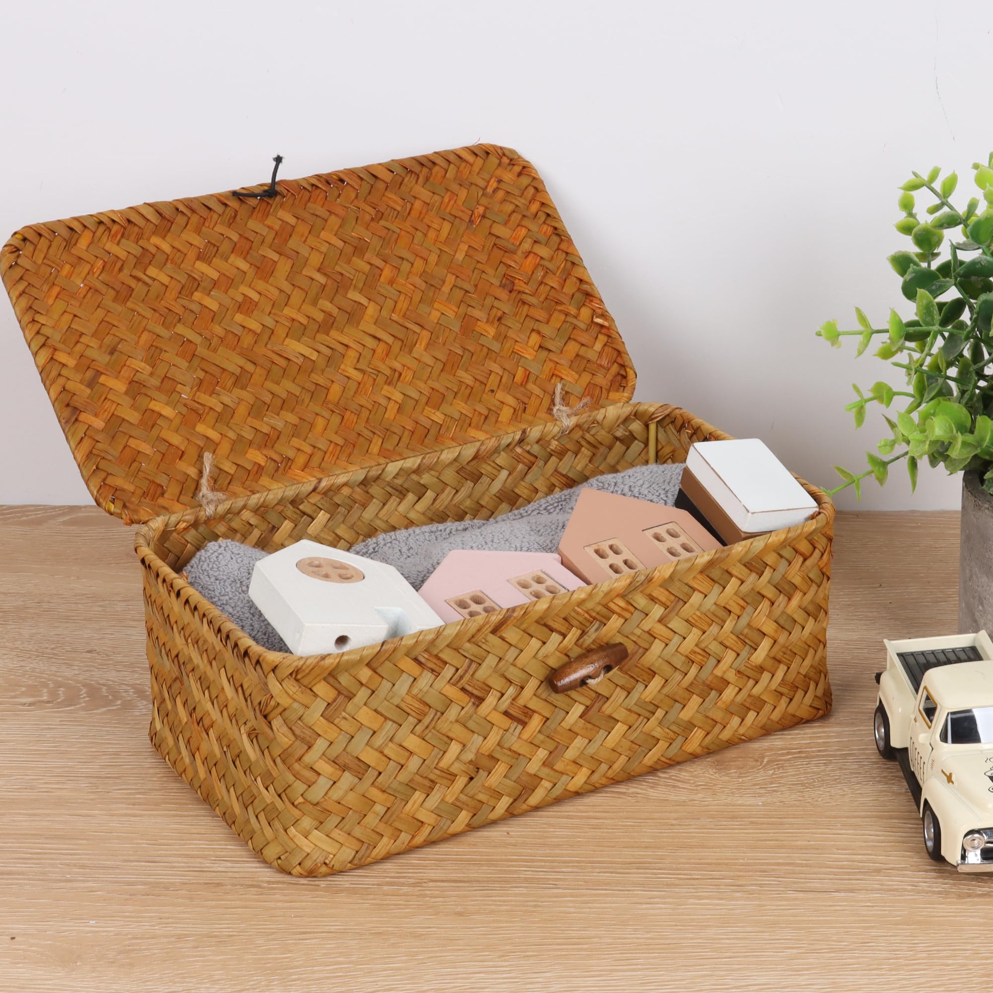 FEIALNDUO Wicker Shelf Baskets with Lid,Seagrass Storage Basket Bins Rectangular Handwoven Basket Boxes for Shelves Desktop Home Organizer