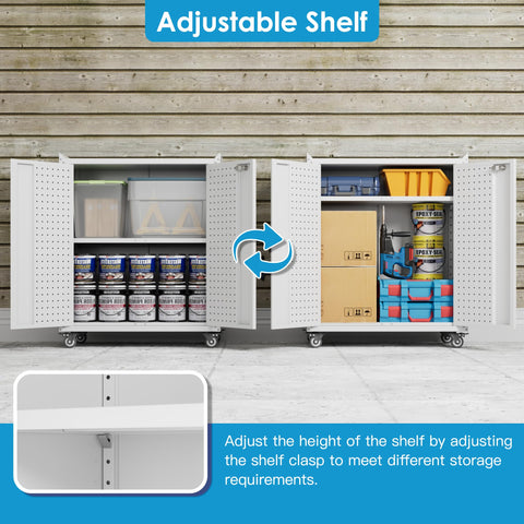 SUPEER Metal Tool Cabinet with Wheels & Pegboard, 87x66x35cm,White
