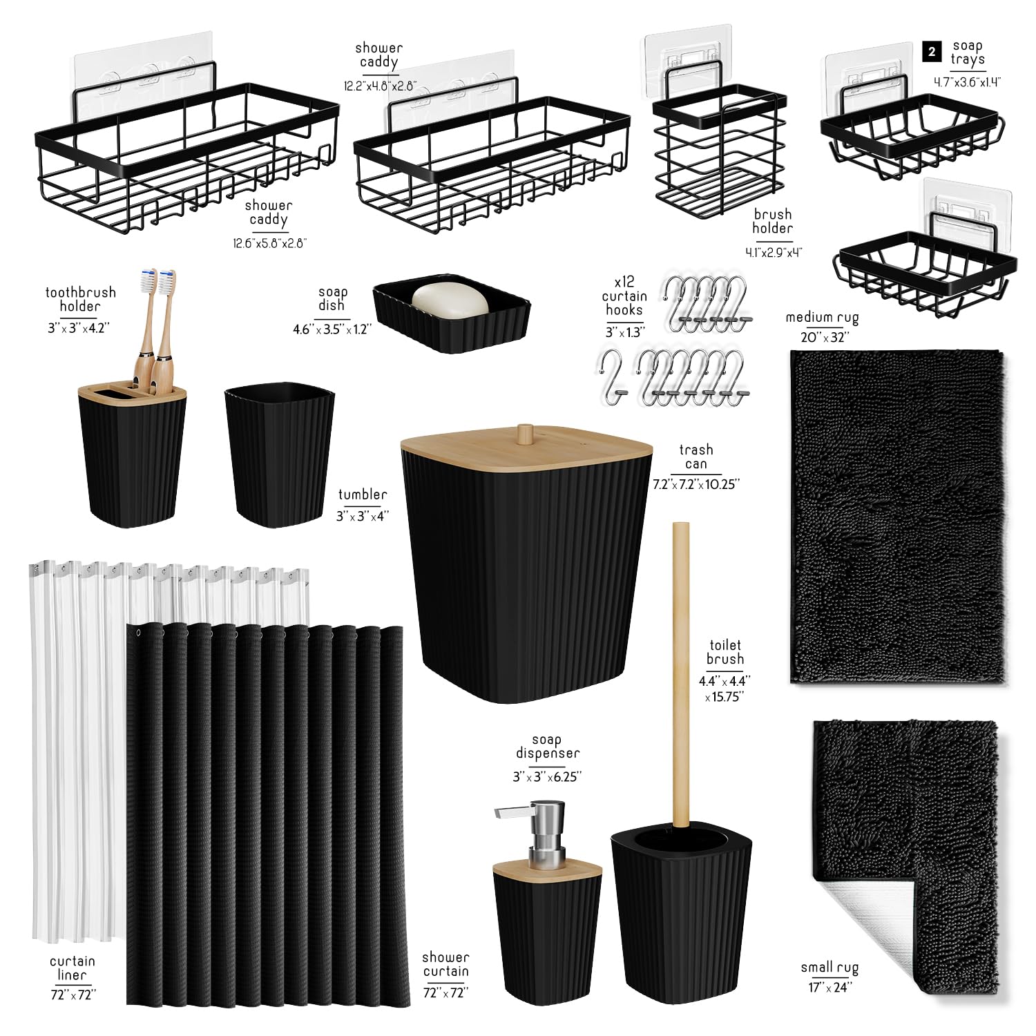Shower Caddy and Bathroom Accessories Set with Bath Rugs 27PC Bathroom Accessory Set with Shower Caddies Black Bath Rugs, Shower Curtain Set