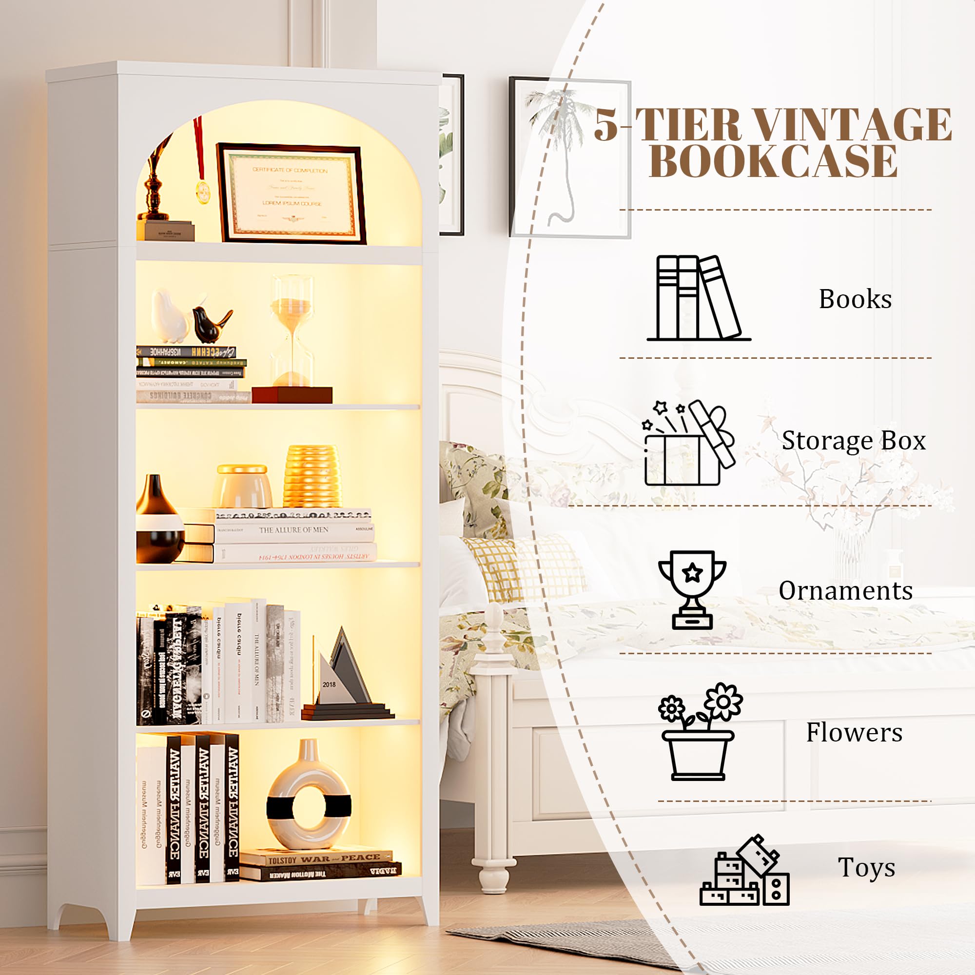 FREDEES Arched Bookcase with LED Lights, 175CM Tall, White