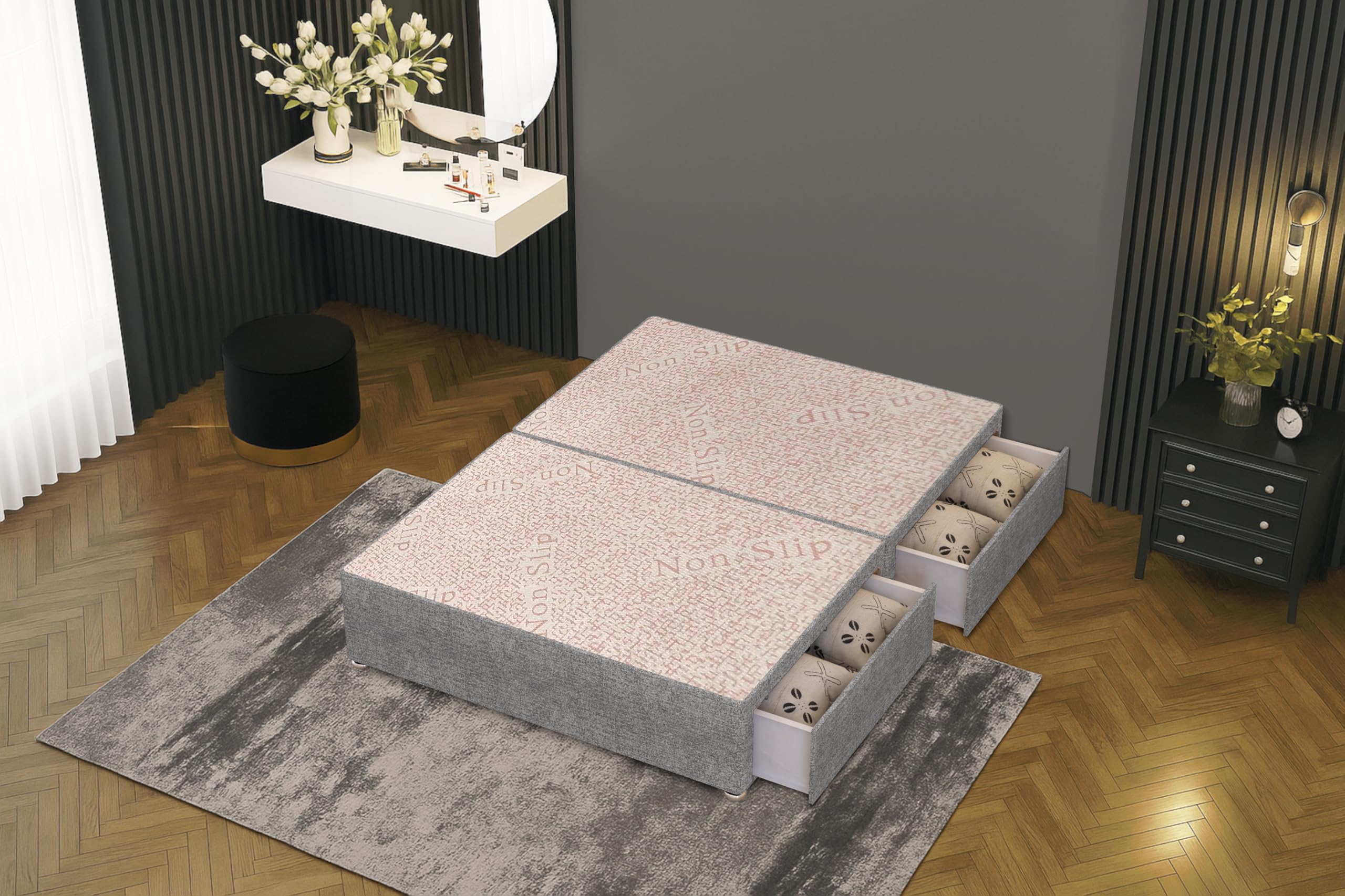 Bed Centre Flexby Divan Bed Base Only with 2 Drawers (Same Side), No Headboard - Available in 3FT, 4FT, 5FT & 6FT (3FT Single, Tweed Grey Fabric)