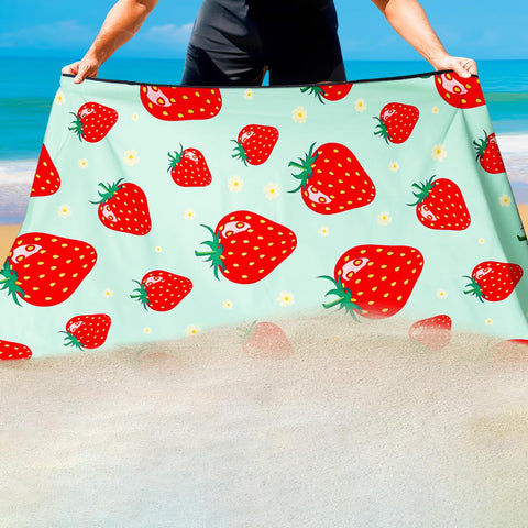Violetpos Mint Green Strawberry Beach Towel, Extra Large 180x90 cm 250GSM Microfibre, Sand Free Quick Dry