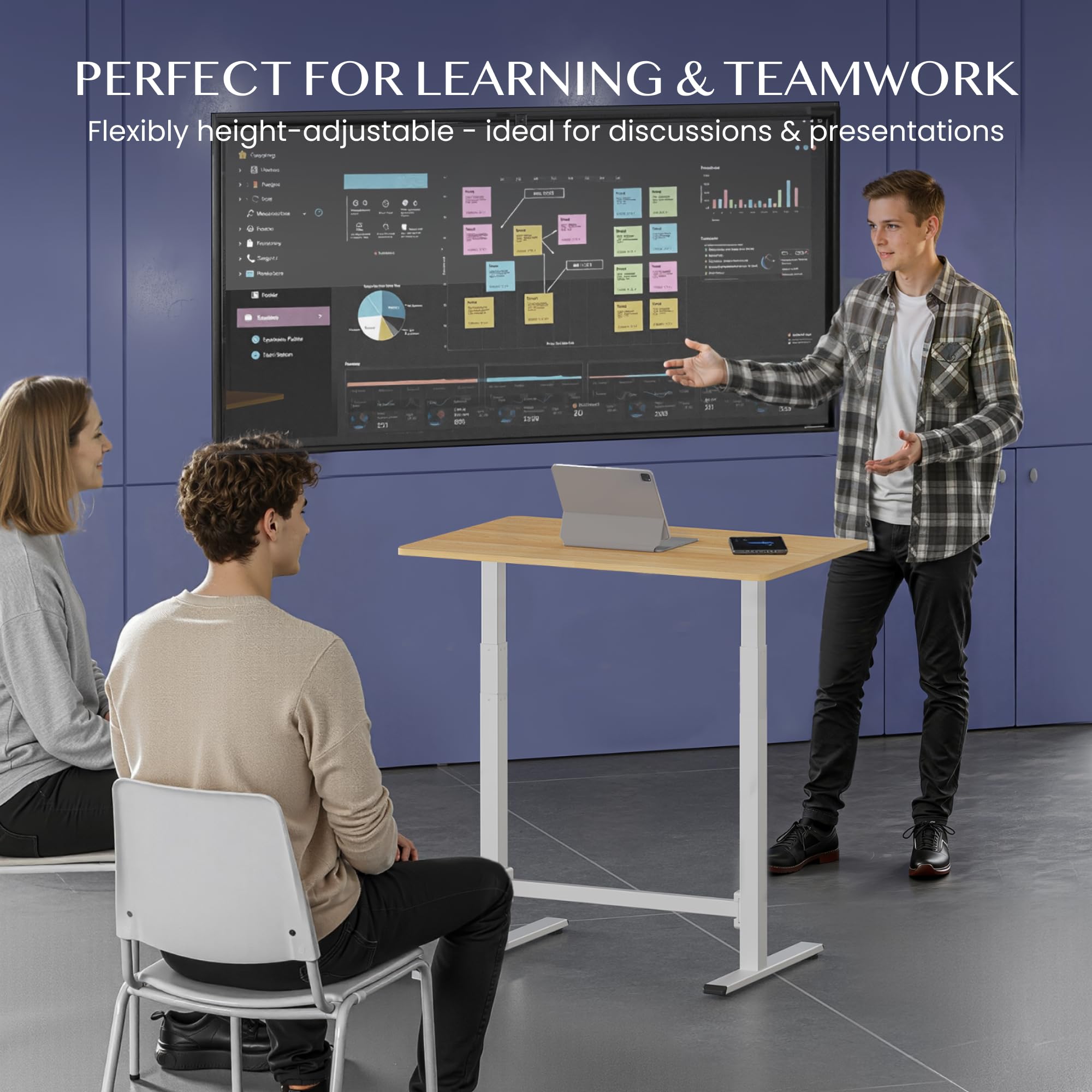 FLEXISPOT No-Electric Pneumatic Standing Desk with Wheels, Height Adjustable Rolling Laptop Table, Mobile Bedside Workstation, 100×60 cm Maple