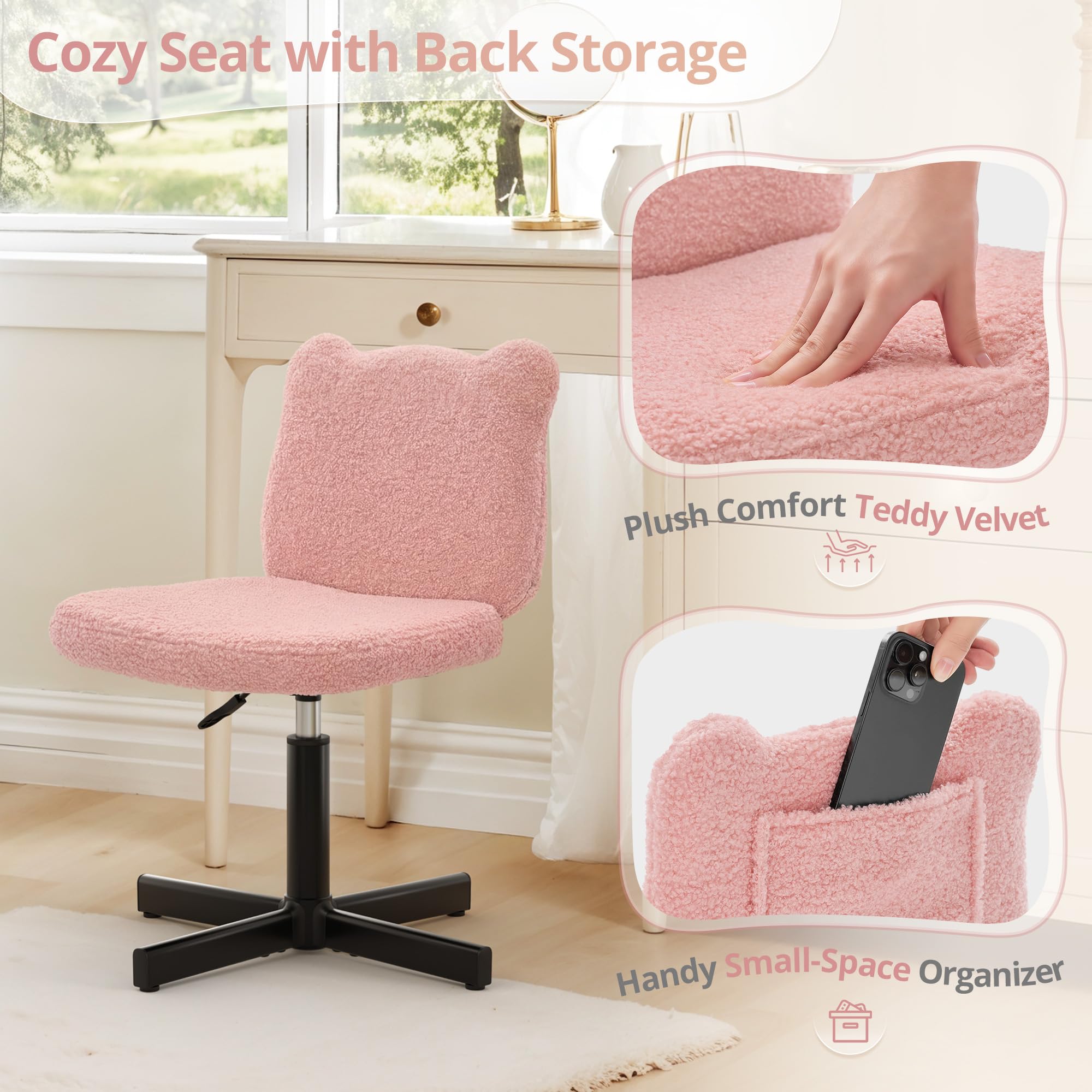 LUE BONA 360° Swivel Vanity Stool with Bear Ear Backrest, Height Adjustable Teddy Velvet Dressing Table Chair, Pink