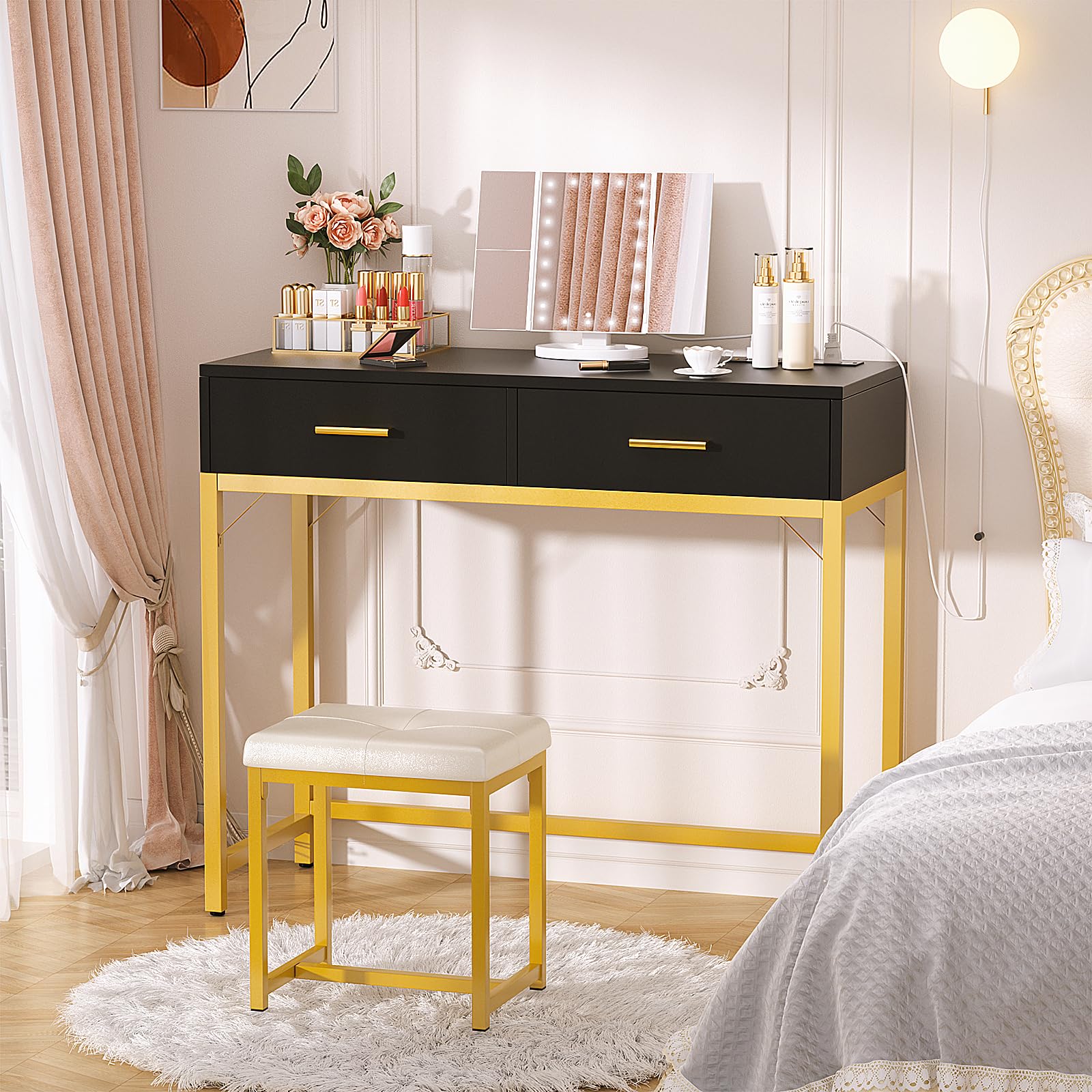 iSunirm 36 Inch Vanity Desk with Mirror and Drawers, Vanity Table and Stool, Dressing Table with Lights and Socket Strip for Bedroom, Black