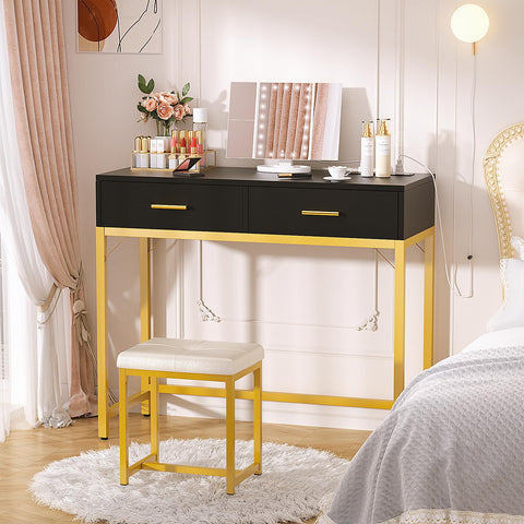iSunirm 36 Inch Vanity Desk with Mirror and Drawers, Vanity Table and Stool, Dressing Table with Lights and Socket Strip for Bedroom, Black