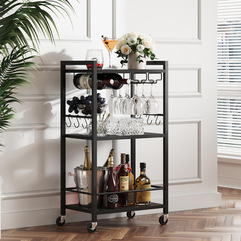TUTOTAK Drinks Trolley, Bar Cart with 3-Tier Shelf, Serving Trolley with Wine Rack, Glass Holder, Rolling bar cart for the Home, Living Room