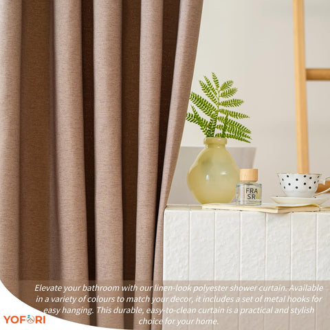 Yofori Khaki Shower Curtain for Bathroom, Fabric Shower Curtains Faux Linen Polyester Wet Room Shower Curtains Sets with Metal Hooks, 183x183cm