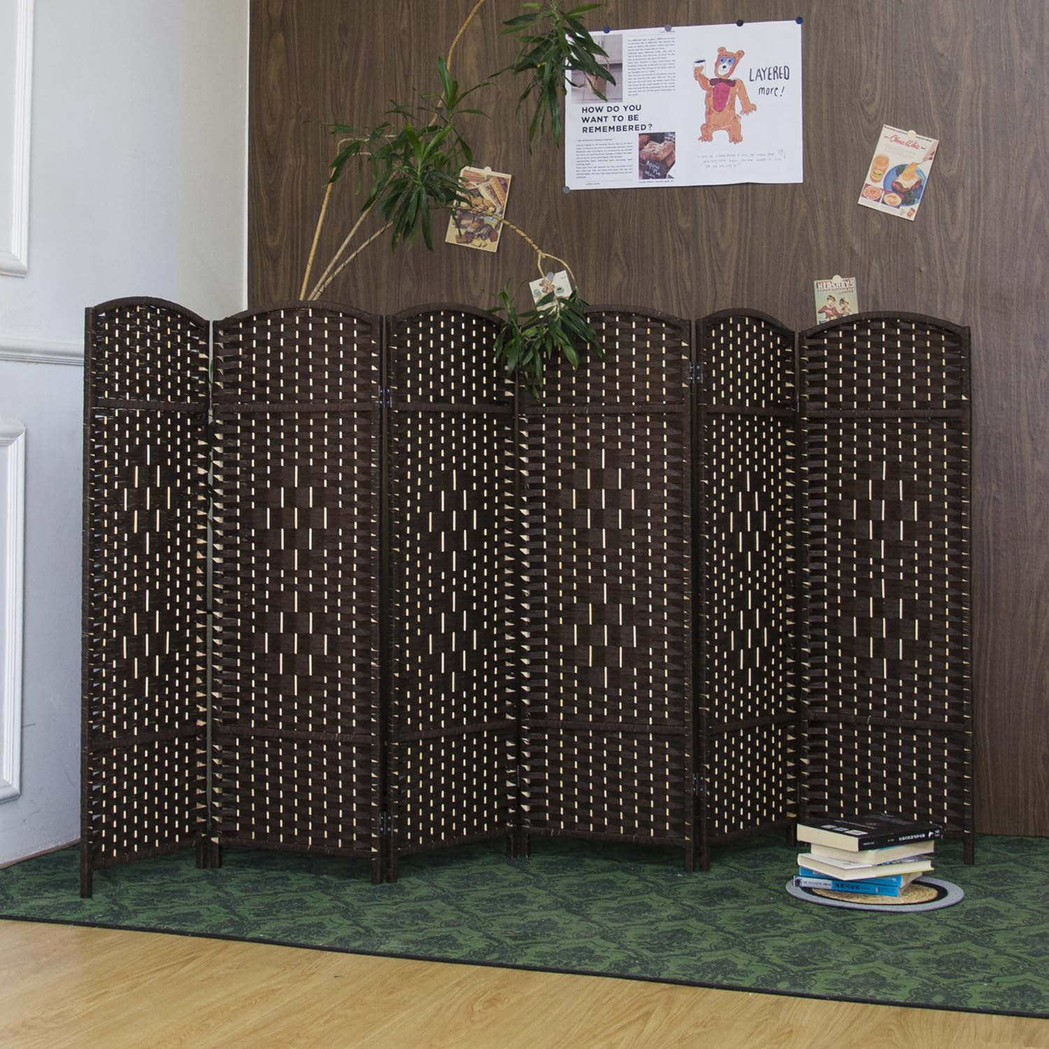Furnnylane 6 Panel Dark Brown Rattan Divider Short Room Partition Screen,Double Sided Short Folding Divider for Room Separation,120 cm Tall