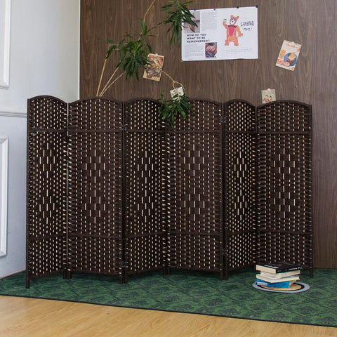 Furnnylane 6 Panel Dark Brown Rattan Divider Short Room Partition Screen,Double Sided Short Folding Divider for Room Separation,120 cm Tall