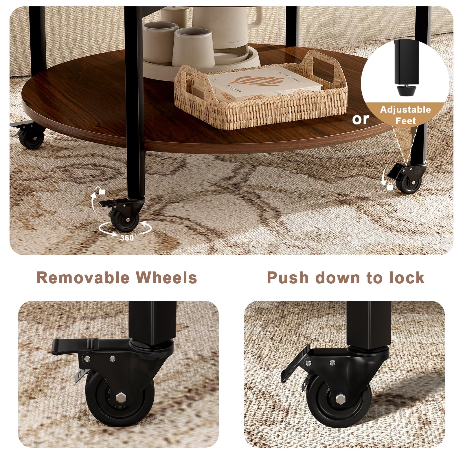 Mossora Espresso Round Lift Top Coffee Table with Lockable Wheels & Storage
