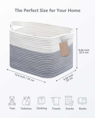 JOJOSEE Small Cotton Woven Storage Basket for Shelves, White&Grey,3PCS