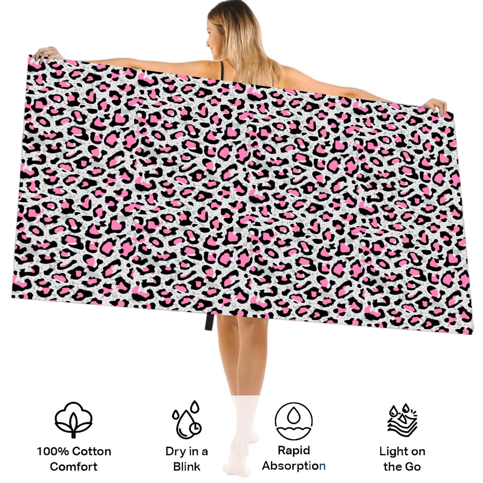 Large Quick Dry Microfibre Beach Bath Towel for Adult,Double Sides Pink Spots Leopard Sand Free Beach Towel with Bag,Lightweight Gym Yoga Sports