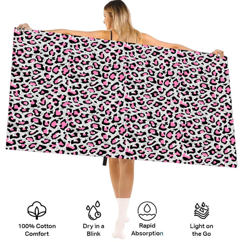 Large Quick Dry Microfibre Beach Bath Towel for Adult,Double Sides Pink Spots Leopard Sand Free Beach Towel with Bag,Lightweight Gym Yoga Sports