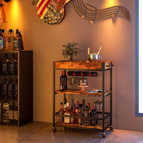 Bar Cart, 3 Tier Serving Trolley, Rolling Wine Trolley, Drinks Trolley