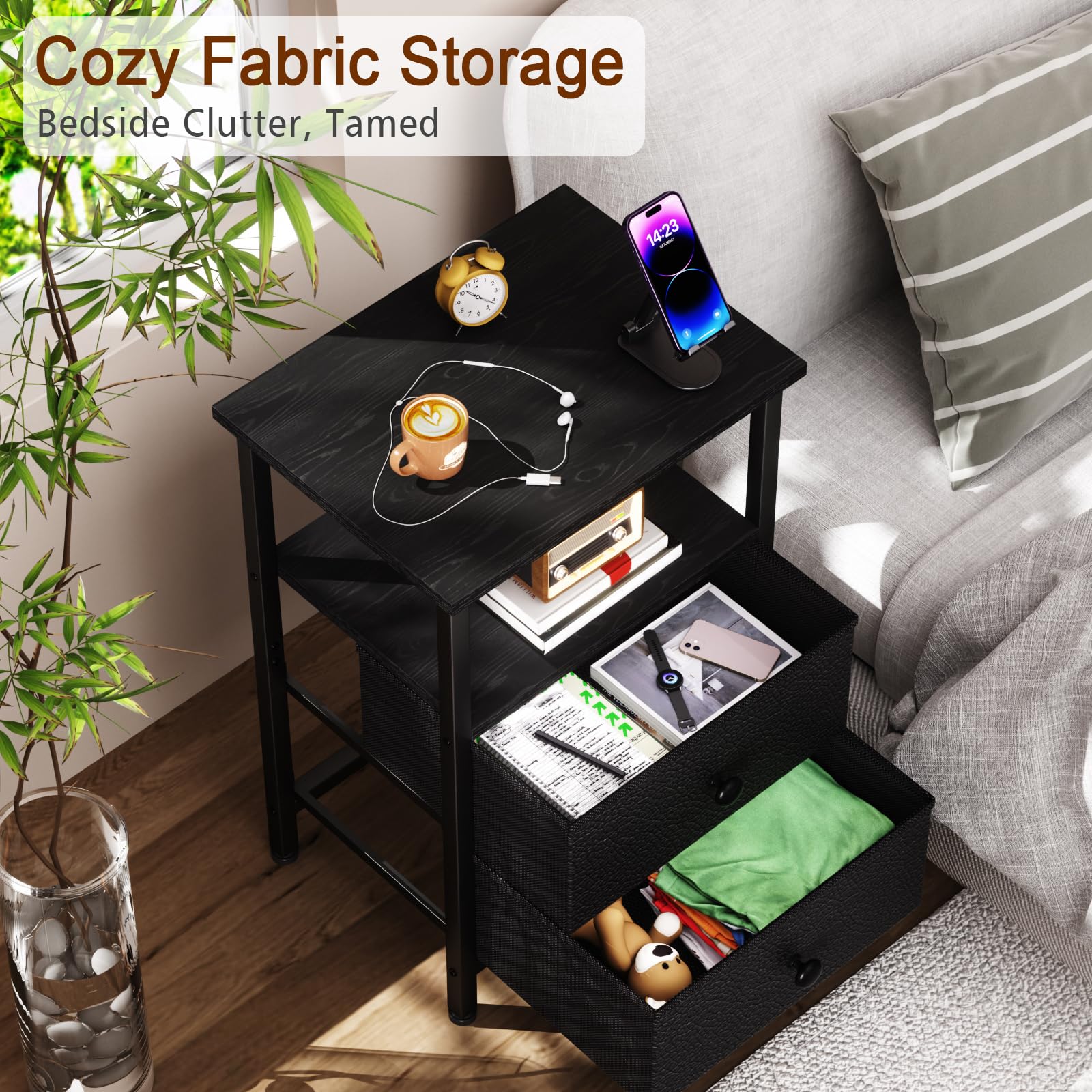 LOAKEKEL Bedside Table, Side Tables Set of 2 with 2 Fabric Drawers