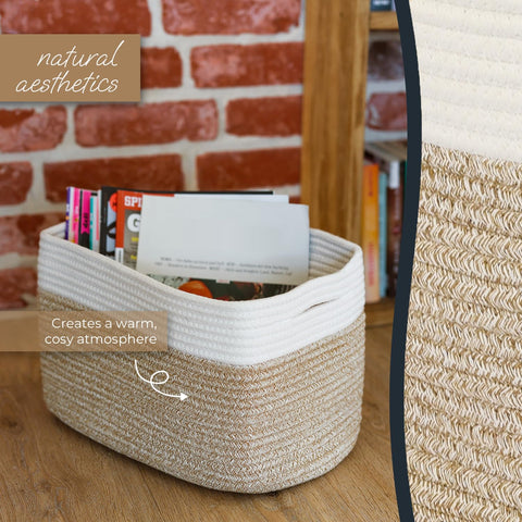 HMF Storage Basket with Hidden Handles, Set of 3, Cotton Basket, 37.5 x 25 x 22.5 cm, White/Brown