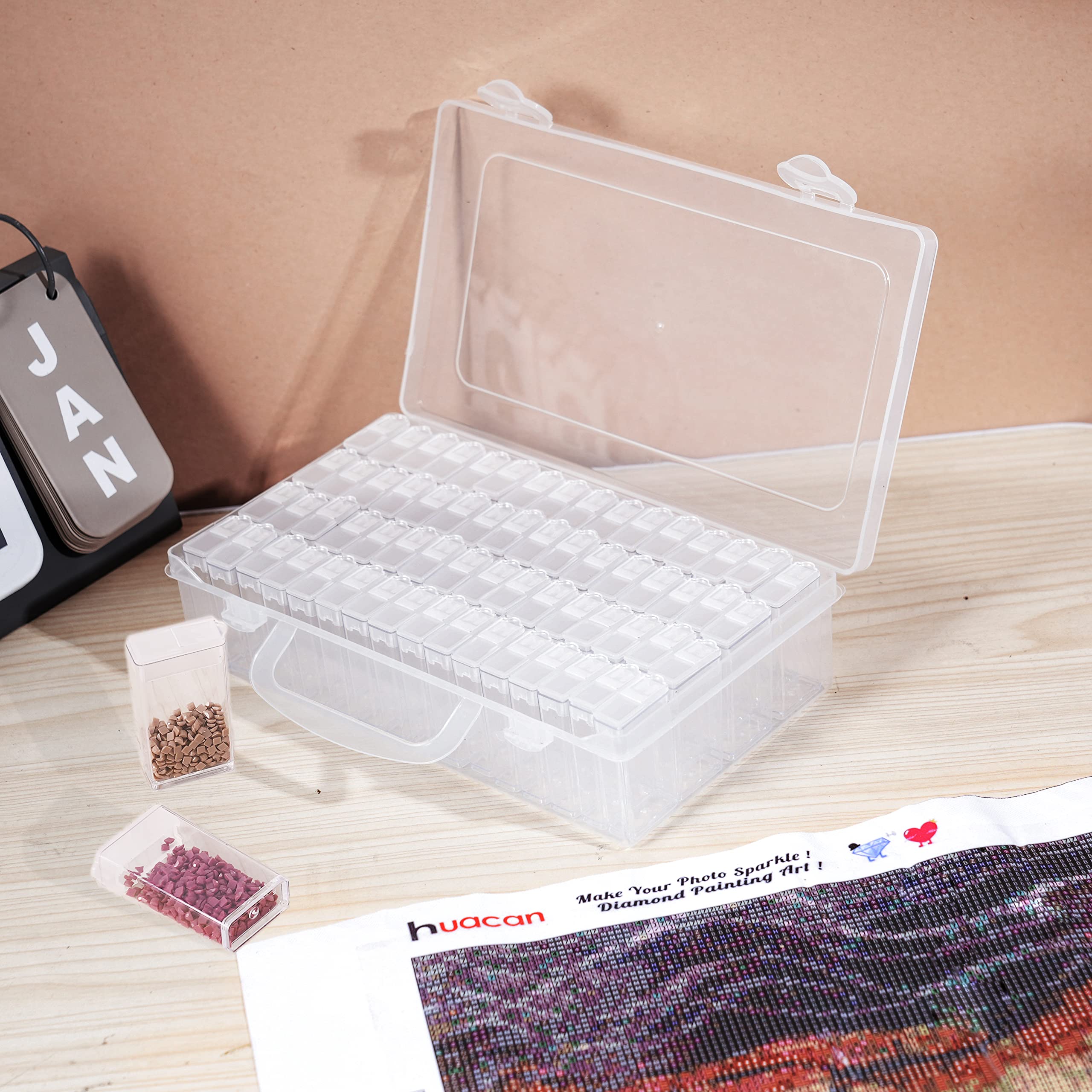 Huacan Diamond Painting Storage Boxes 64 Slots Transparent Diamond Art Kit Accessories with 1 Pcs Sticker Tools