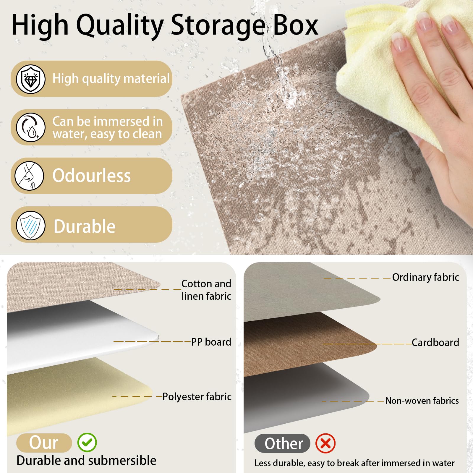 Yawinhe Collapsible Storage Boxes with Lids,38x25x25cm,Beige,3-Pack