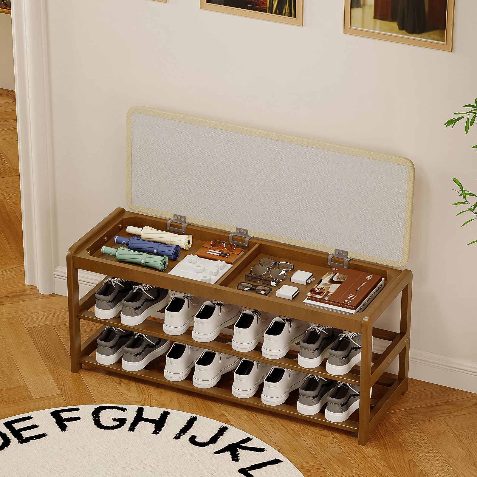 Welfuturer 2-Tier Bamboo Shoe Bench with Cushion & Hidden Drawer Entryway Shoe Rack Organiser for Hallway