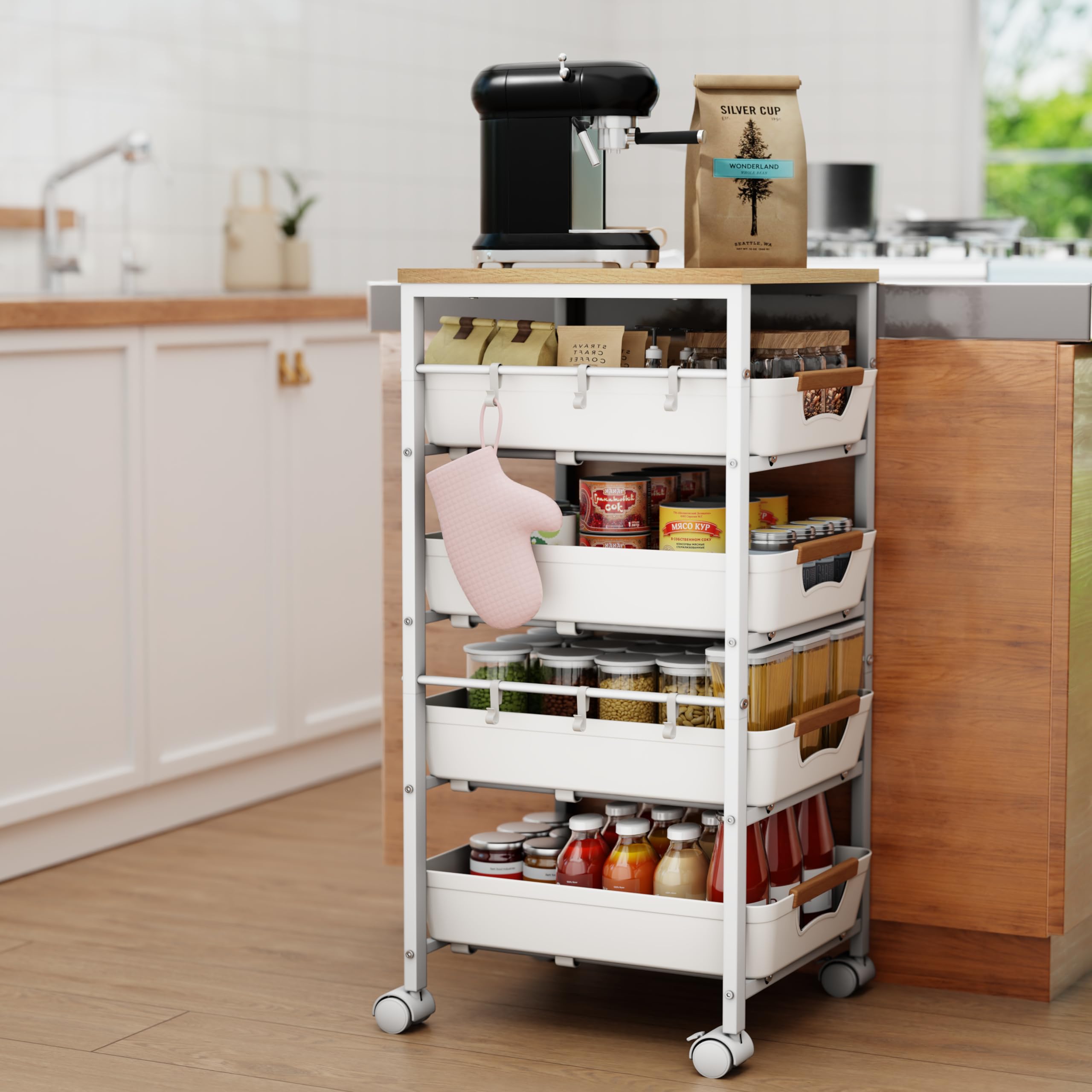 Uwoodia 5-Tier Slim Storage Trolley on Wheels, Metal Kitchen Rolling Cart with Pull-Out Baskets