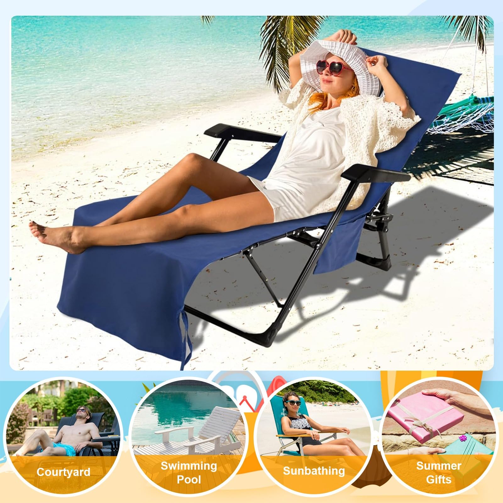 MARFOREVER Beach Sun Lounger Towels with Pockets 210 x 76 CM Microfiber Beach Sunbed Towels Quick Dry Beach Chair Cover for Summer Outdoor Pool