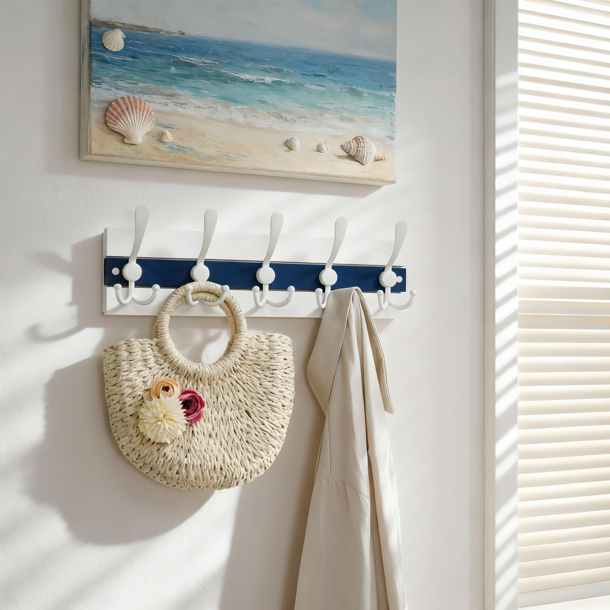 SKOLOO Coastal Wall Mounted Coat Rack - 43cm Beach House Entryway Wooden Coat Hook with 5 Hooks for Hanging Coats, Hats or Towels