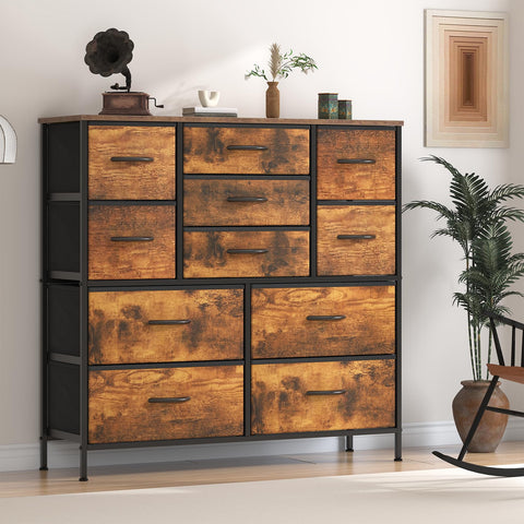 Feonase Chest of Drawers, Bedroom Tall Dresser with 11 Fabric Drawers, Metal Frame & MDF Wood Top, Adjustable Feet